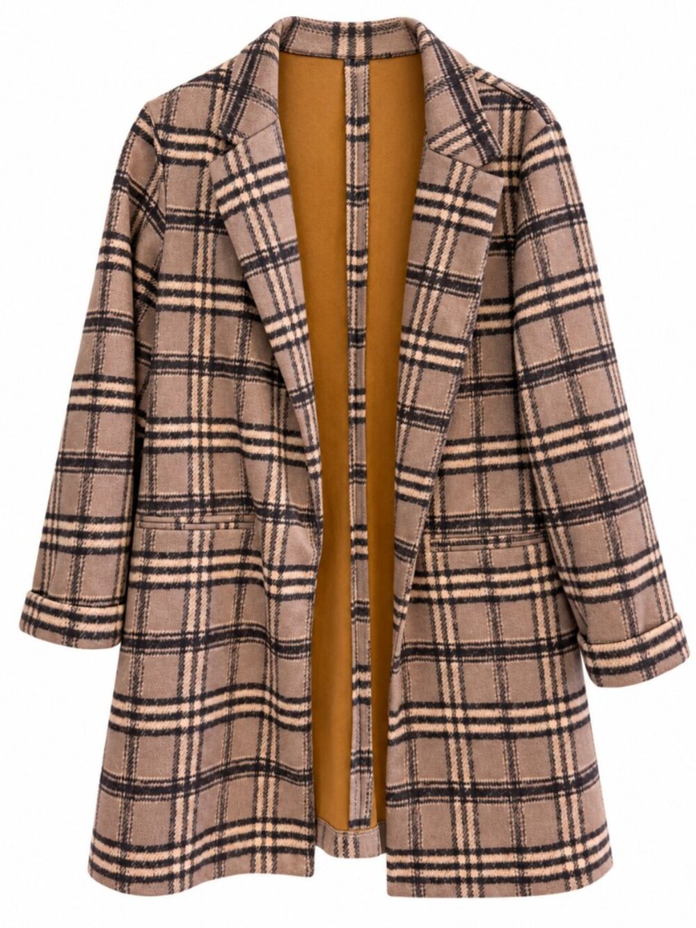 HAVE Los Angeles Plaid Longline Coat M Brown Black Open Front Blazer Jacket Cogn